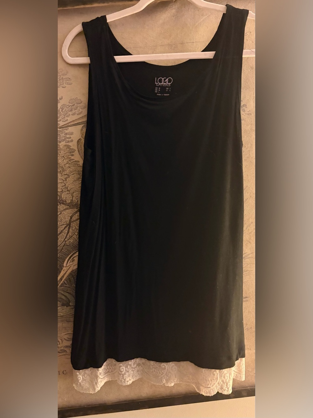 * LOGO by Lori Goldstein Black Tank with Cream Lace Hem SZ Medium *